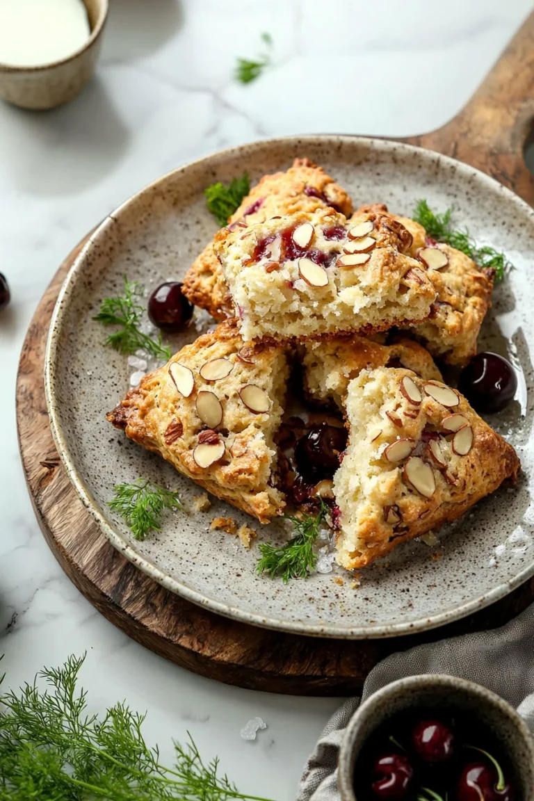 Leckere Kirsche Mandel Scones auf einem Teller serviert.
