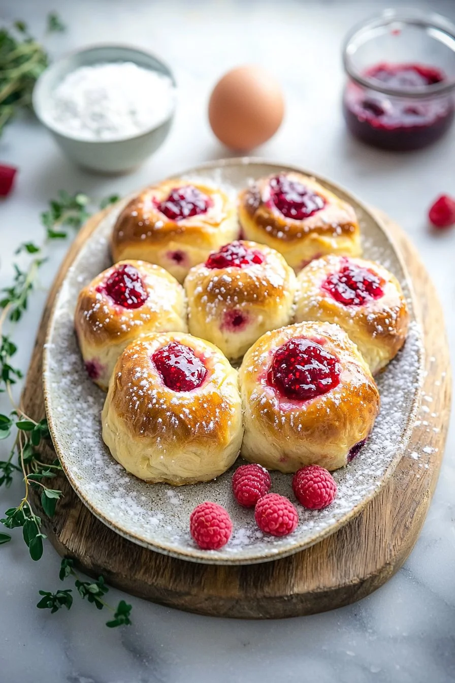 Klebrige Himbeer-Süßbrötchen frisch gebacken auf einem Teller
