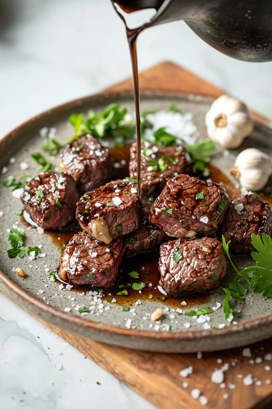 Vorspeise aus saftigem Rindfleisch mit Knoblauch und Balsamico-Essen
