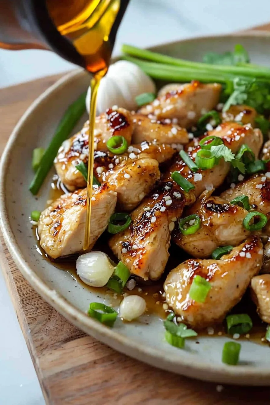 Leckeres Gericht mit Knoblauch Ingwer Hähnchen, serviert auf einer Platte.