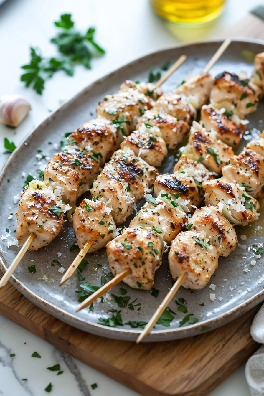 Saftige Knoblauch Parmesan Hähnchenspieße auf einem Grill