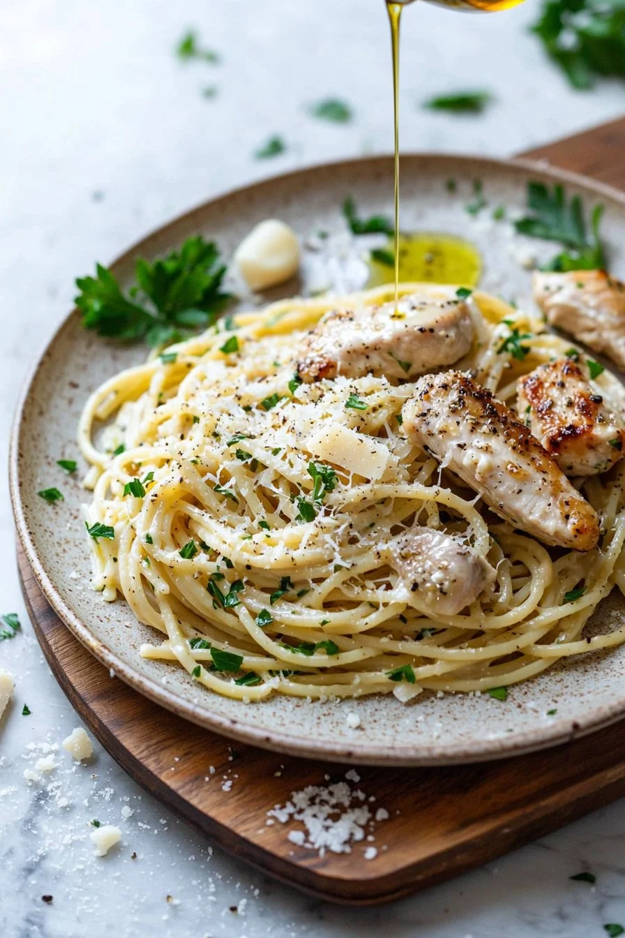 Leckere Knoblauch Parmesan Hühnchen Pasta auf einem Teller serviert