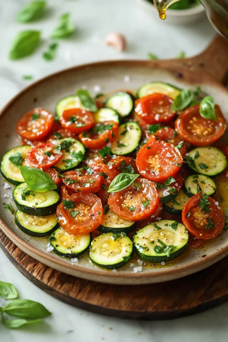 Leckere Knoblauch-Tomaten-Zucchini-Pfanne in einer Pfanne serviert.