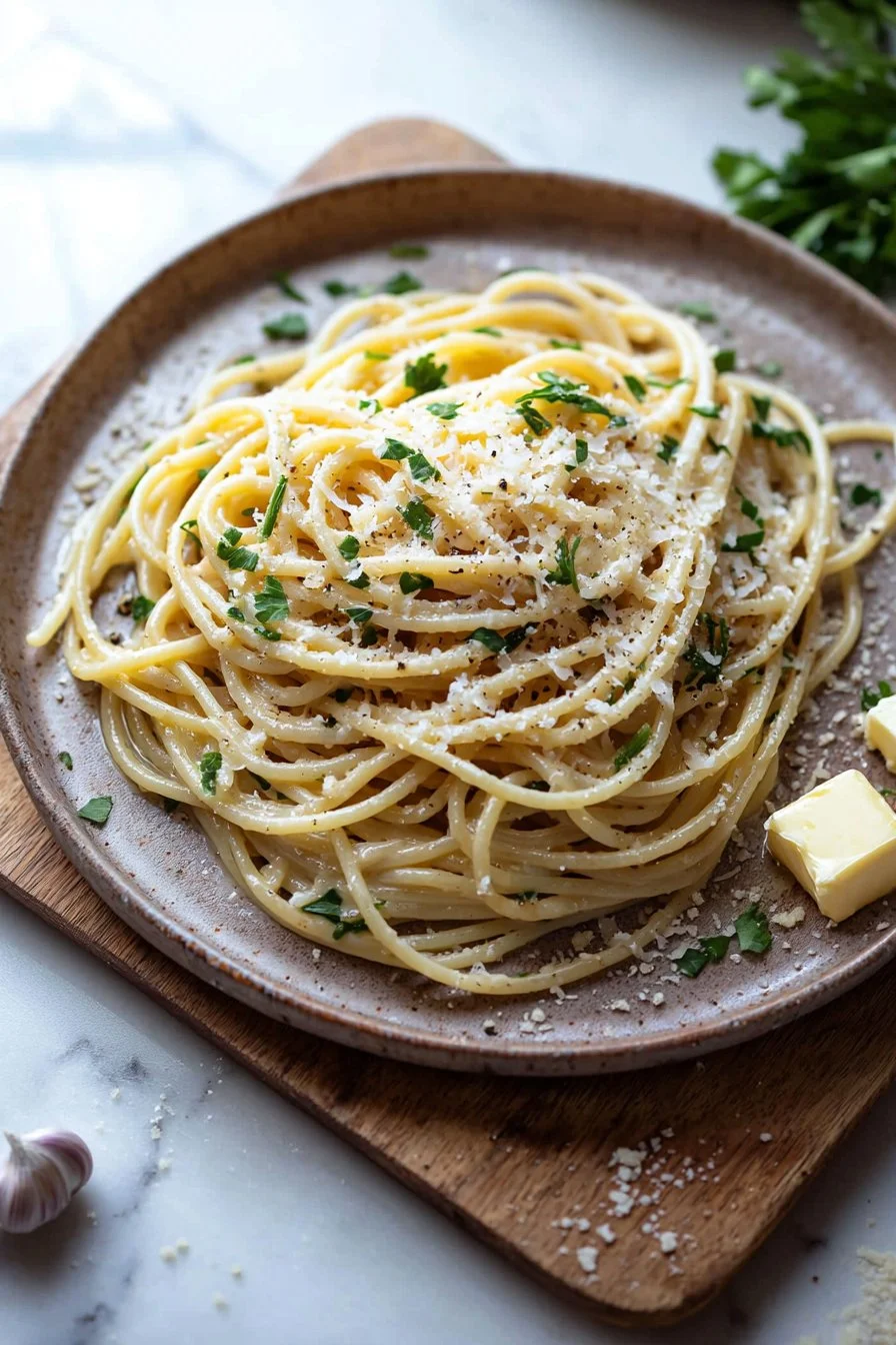 Ein Teller mit Knoblauchbutter-Pasta, garniert mit frischen Kräutern.