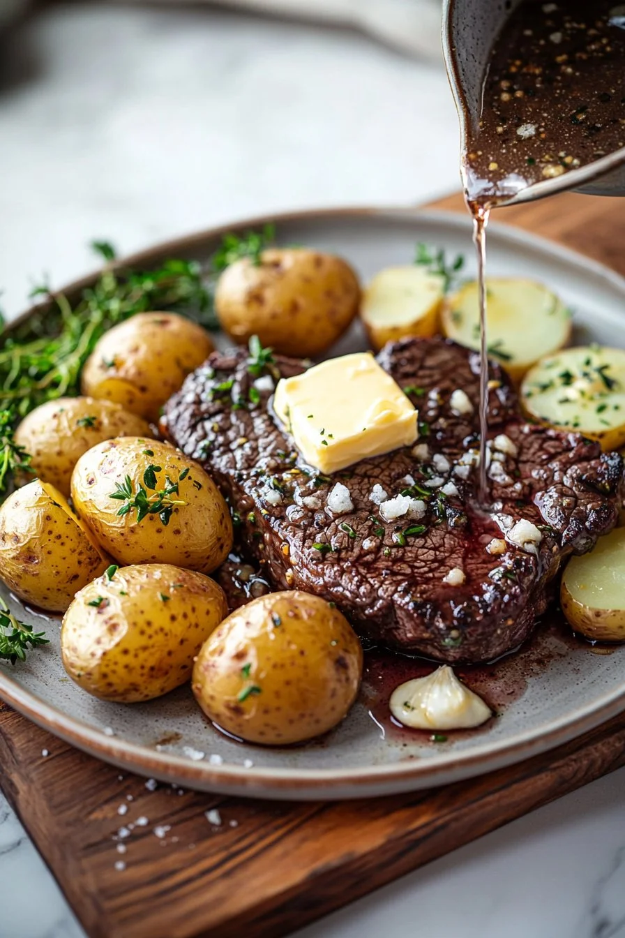 Knoblauchbutter Steak mit Kartoffeln auf einem Teller serviert