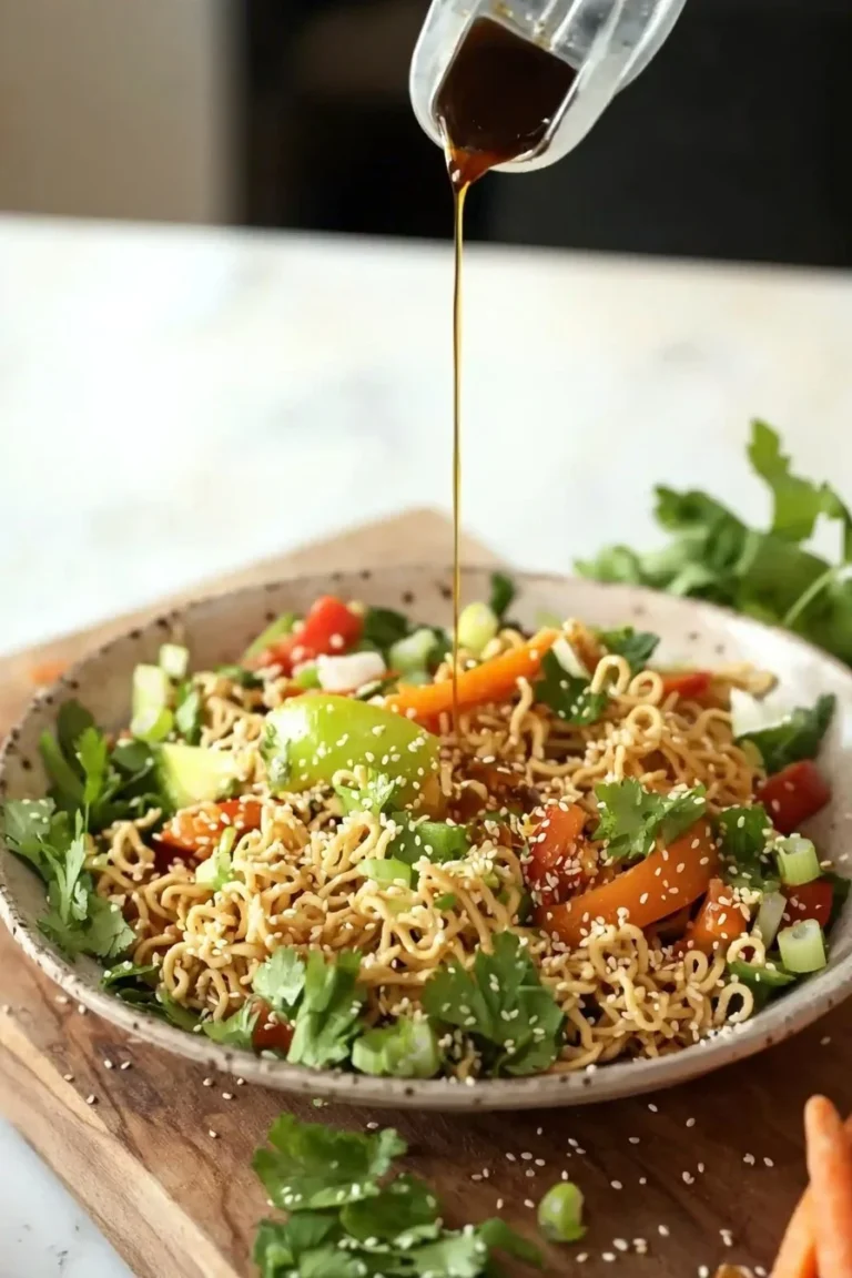 Knuspriger Sesam-Ramen-Salat mit frischen Zutaten und Sesam-Dressing