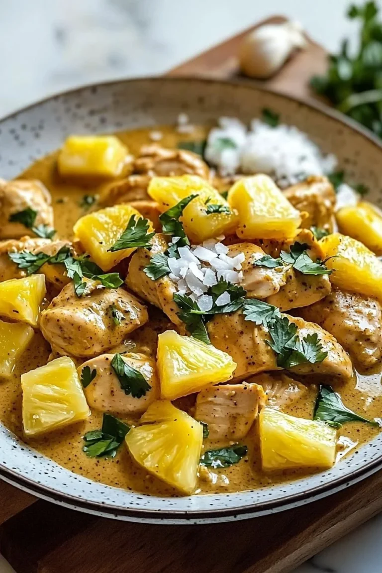 Köstliches Kokosnuss-Ananas-Hühnchen-Curry auf einem Teller serviert.