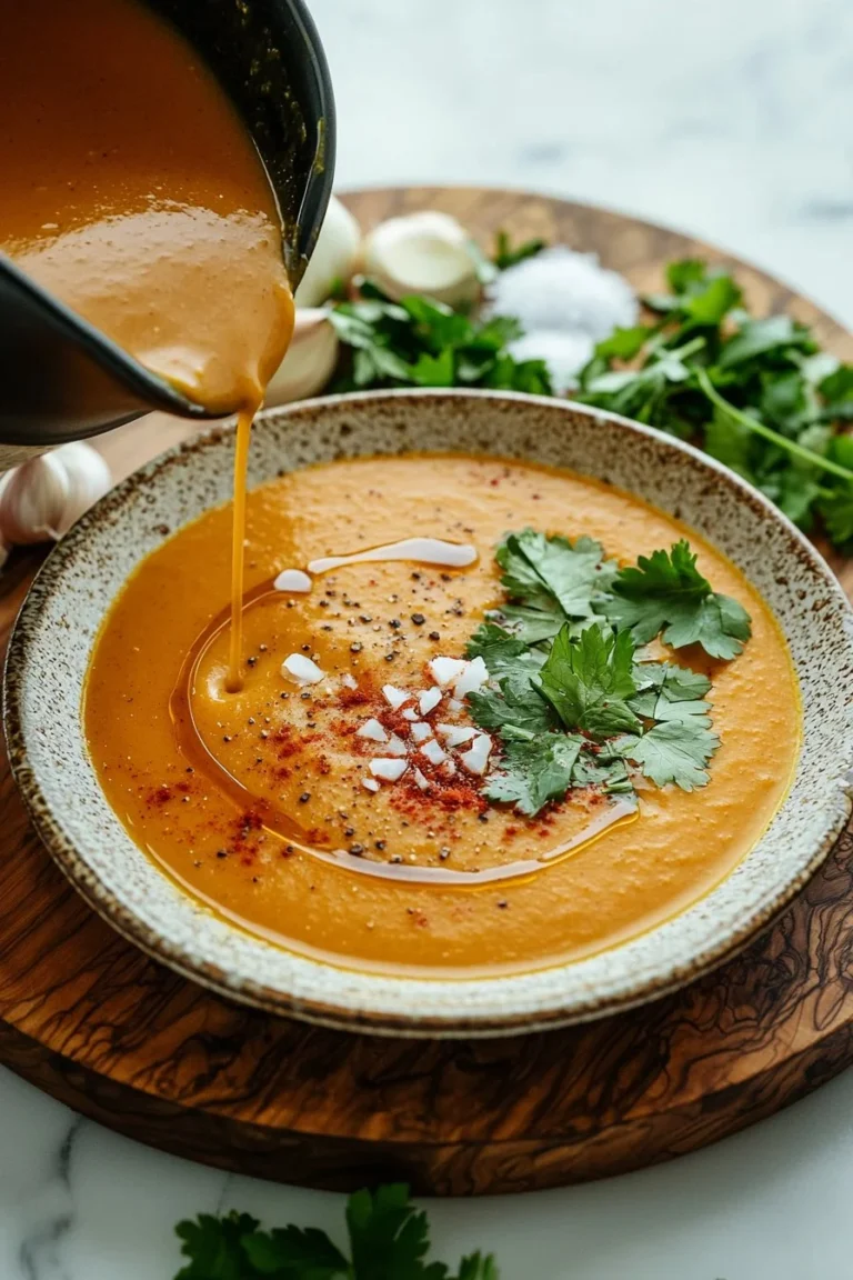 Kokosnuss-Kürbis-Suppe in einer Schüssel, garniert mit frischen Kräutern.