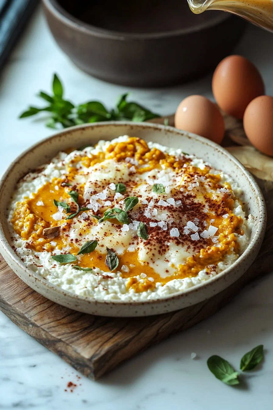 Herzhafter Kürbis-Hüttenkäse-Auflauf frisch aus dem Ofen serviert.