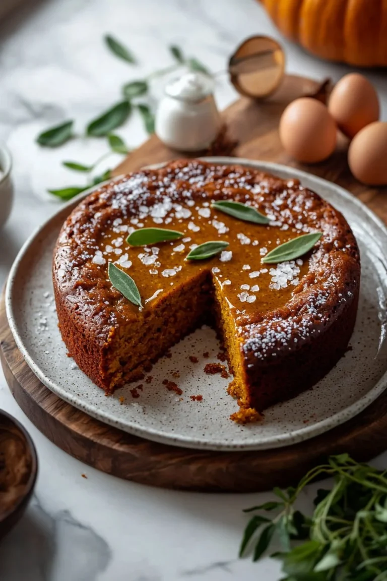 Kürbis-Olivenöl-Kuchen mit Gewürzen und Glasur auf einem Teller
