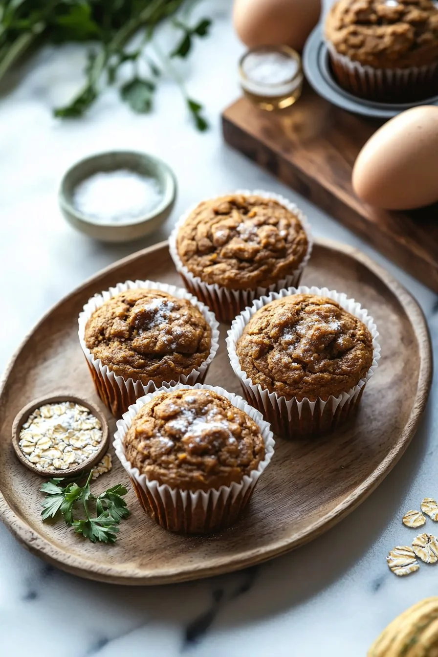 Kürbis-Protein-Muffins mit Nüssen und Gewürzen auf einem Holzbrett.
