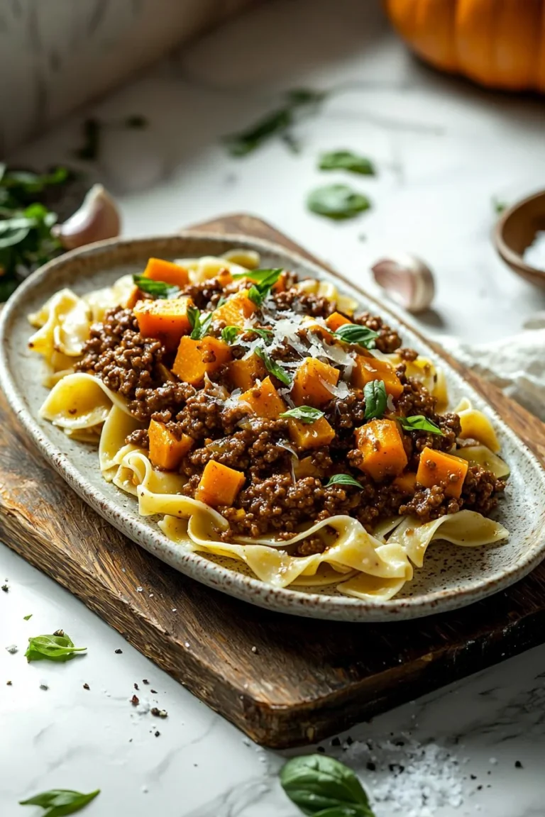 Kürbis Rindfleisch Bolognese serviert in einer Schüssel mit frischen Kräutern.