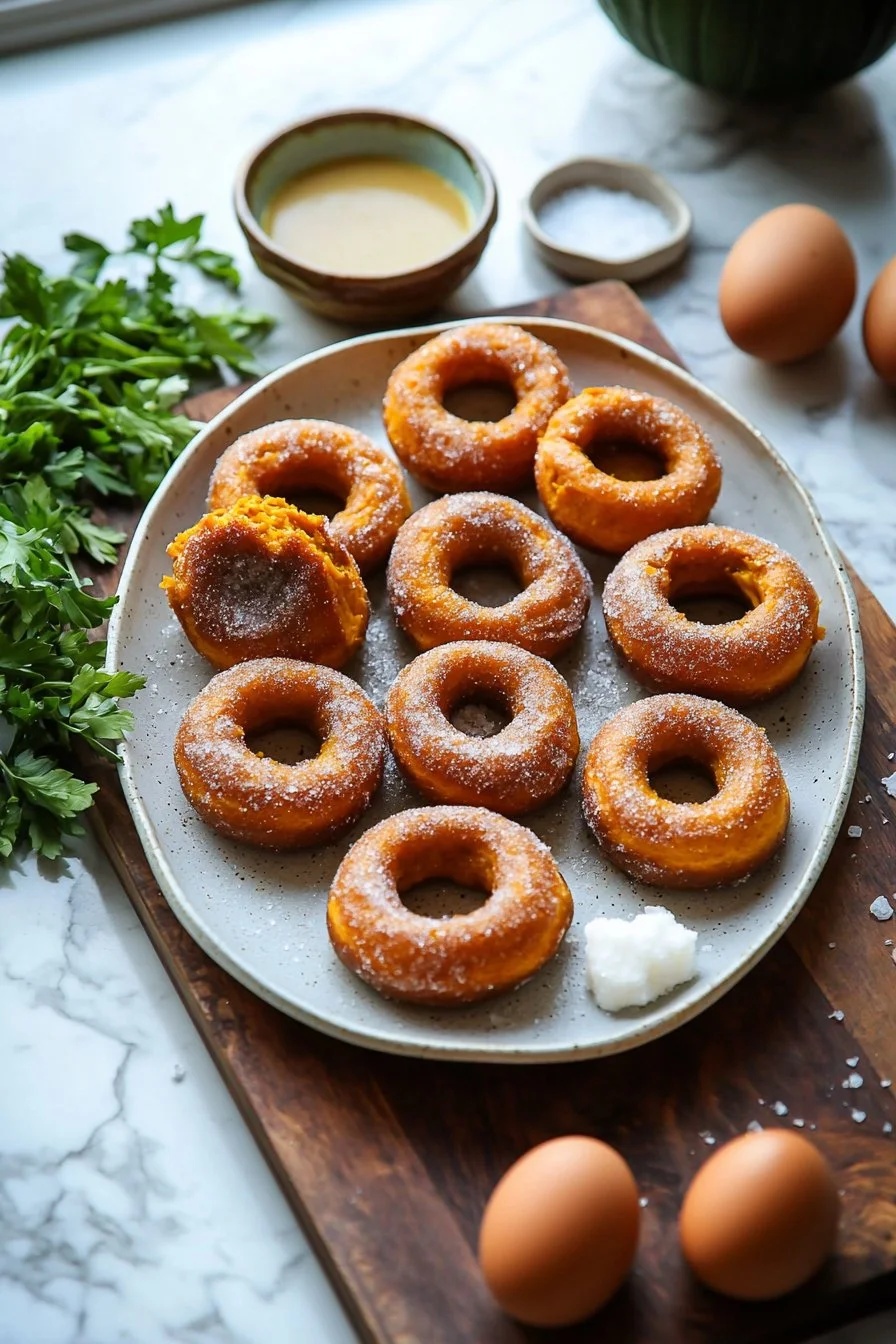Frisch gebackene Kürbisdonuts mit Zuckerglasur auf einem Teller