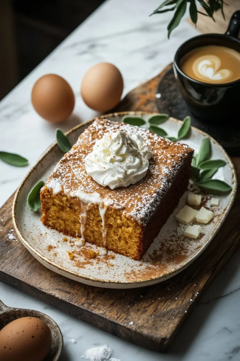 Leckerer Kürbisgewürz Latte Kuchen auf einem Teller, ideal für den Herbst.