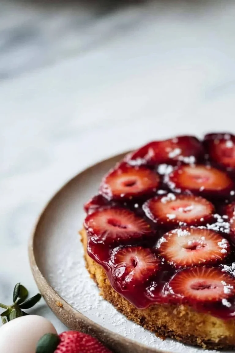 Leckere Erdbeer-Umdrehtorte auf einem Teller, dekoriert mit frischen Erdbeeren.