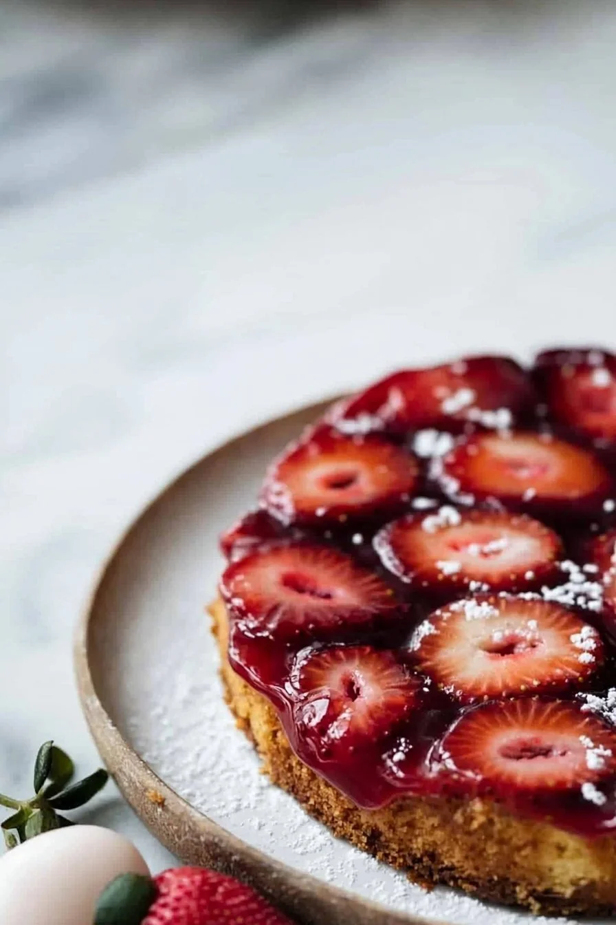 Leckere Erdbeer-Umdrehtorte auf einem Teller, dekoriert mit frischen Erdbeeren.