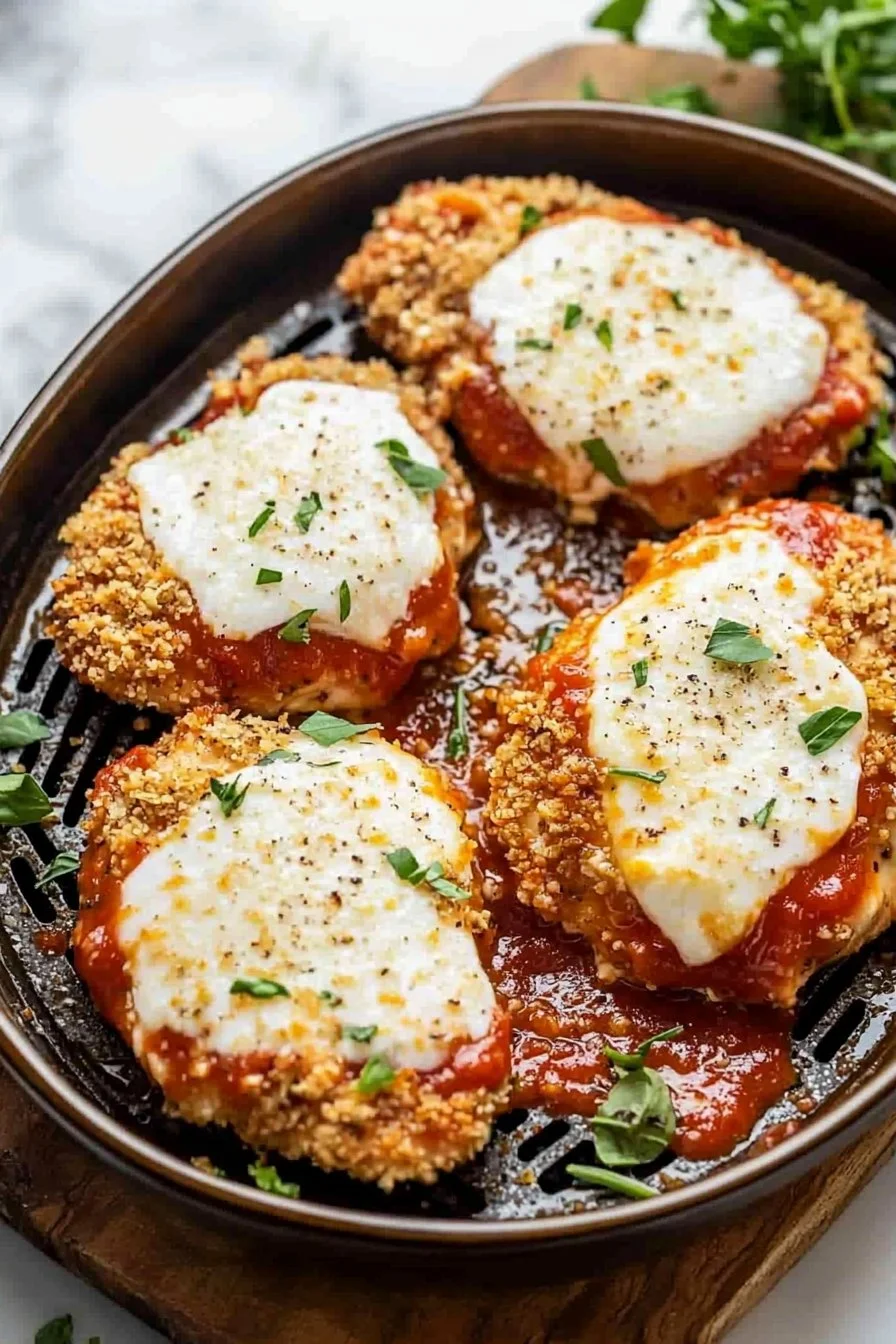 Luftfritteusen-Hähnchen-Parmesan mit Käse und Kräutern serviert