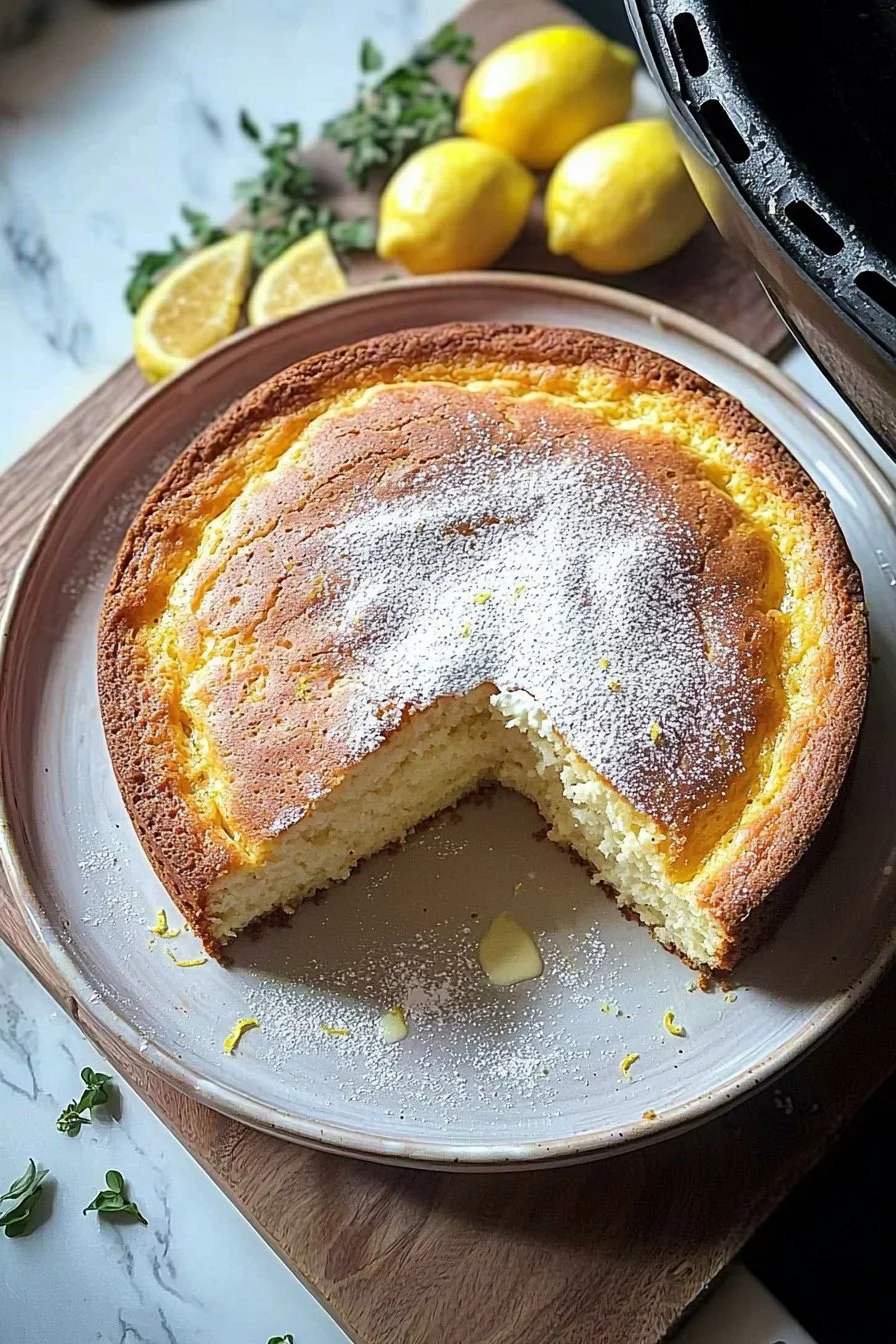 Luftfritteusen-Zitronenkuchen auf einem Teller serviert