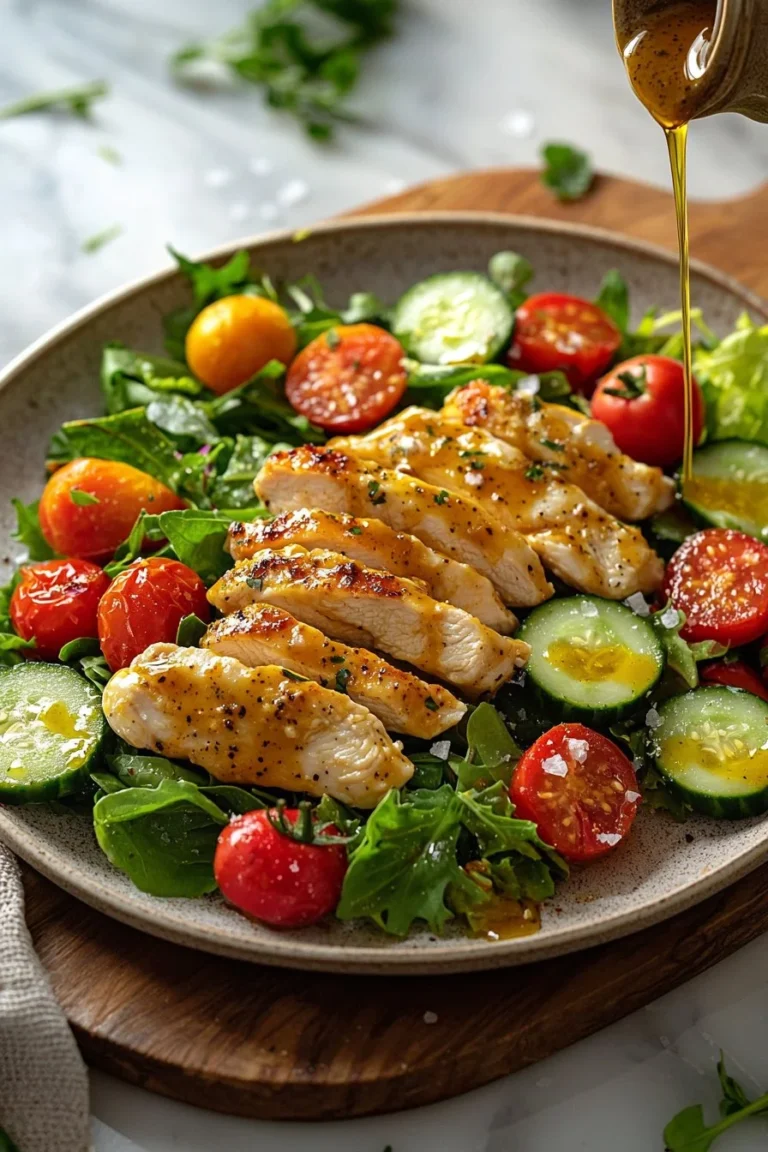 Luftgebackener Hähnchenstreifen-Salat mit Honig-Senf auf einem Teller angerichtet