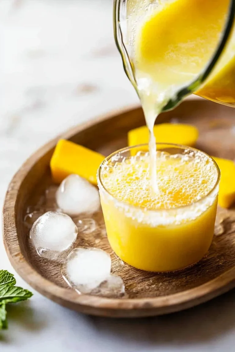 Ein Glas köstliche Mango-Limonade mit frischen Mangostücken