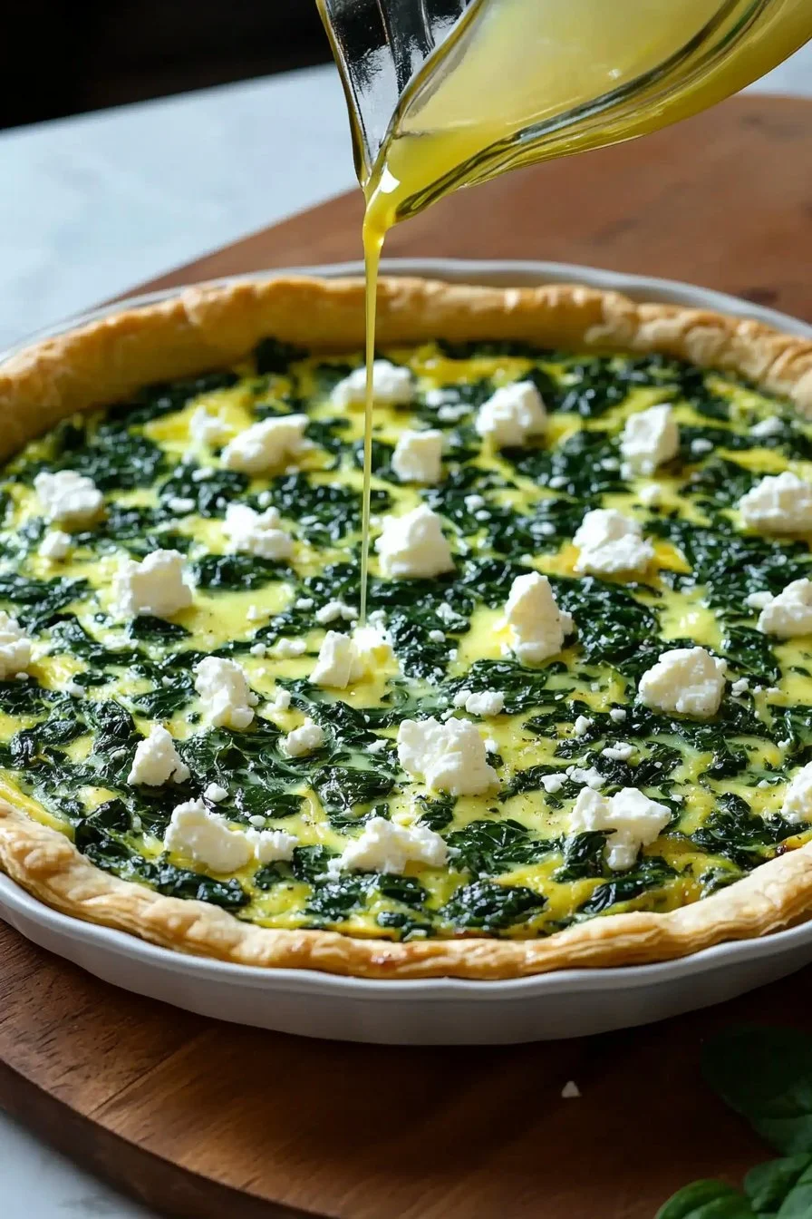 Mediterrane Spinat-Feta-Quiche auf einem Tisch serviert