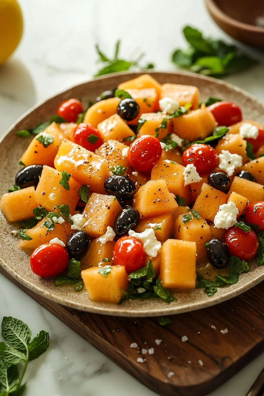 Mediterraner Cantaloupe-Salat mit frischen Zutaten