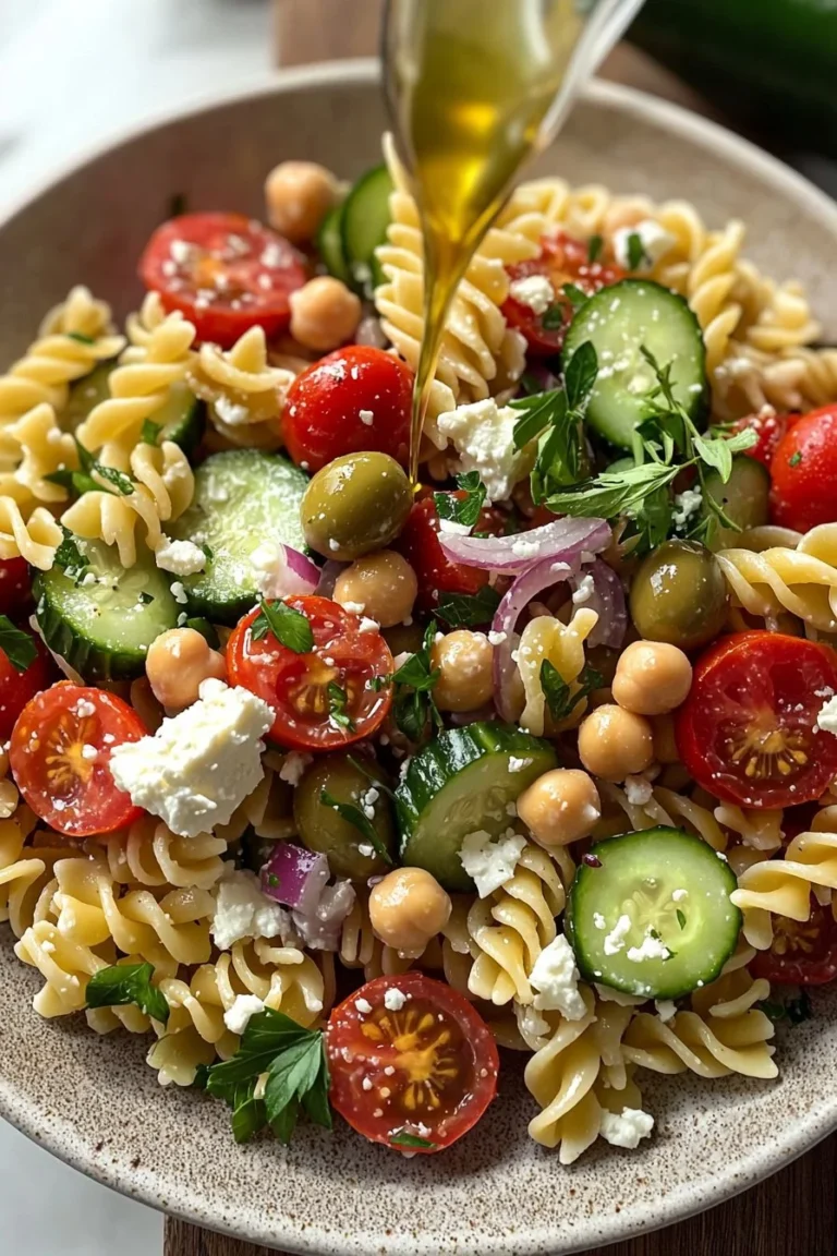 Mediterraner Kichererbsen-Pasta-Salat mit frischem Gemüse und Kräutern