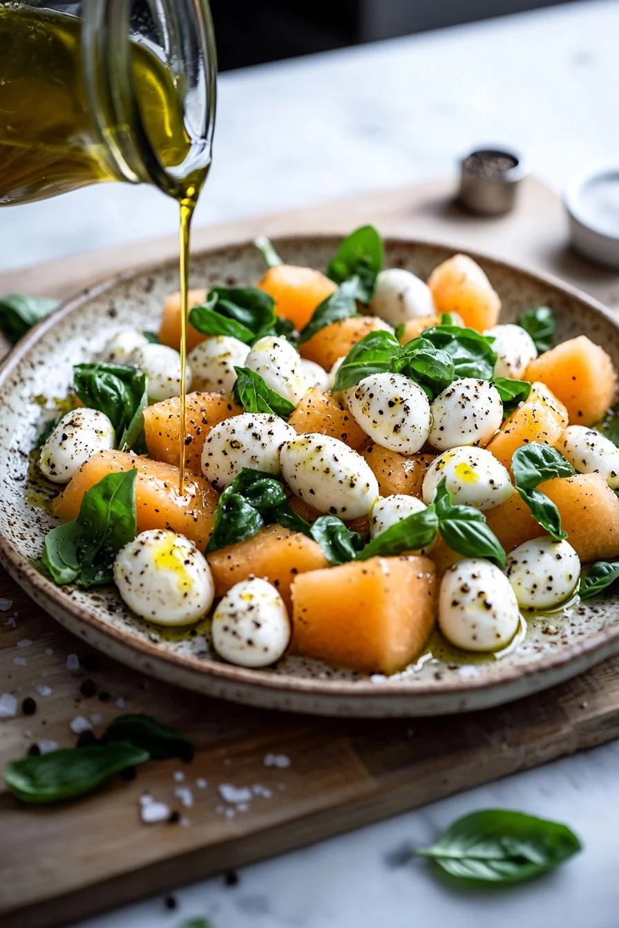 Melonen-Bocconcini-Salat mit frischen Zutaten anrichten.