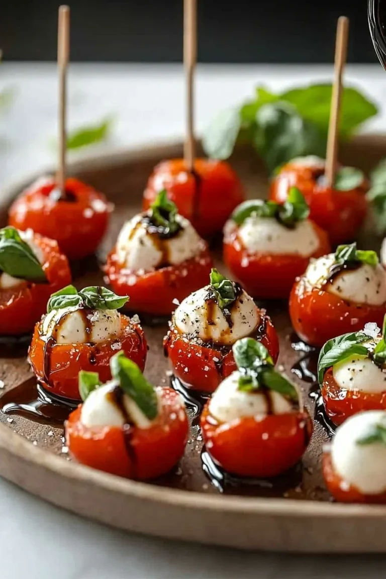 Mini Caprese Häppchen mit Mozzarella, Tomaten und Basilikum auf einem Tisch