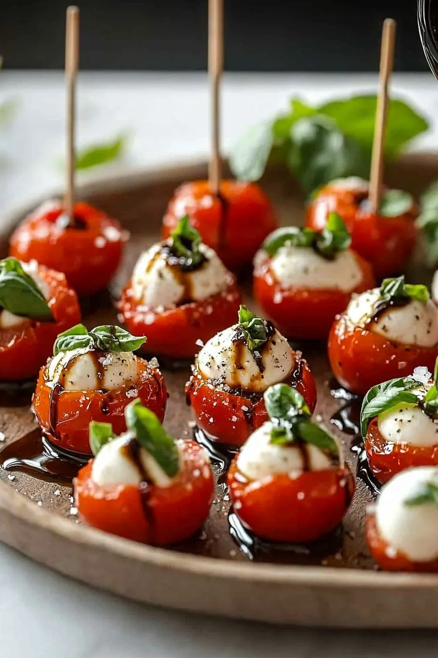 Mini Caprese Häppchen mit Mozzarella, Tomaten und Basilikum auf einem Tisch