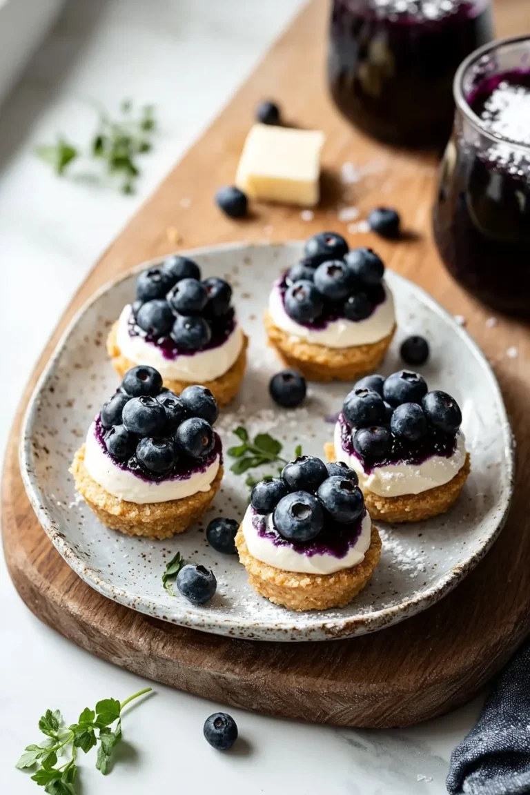 Mini Heidelbeer-Mousse-Käsekuchen mit frischen Heidelbeeren auf dem Teller