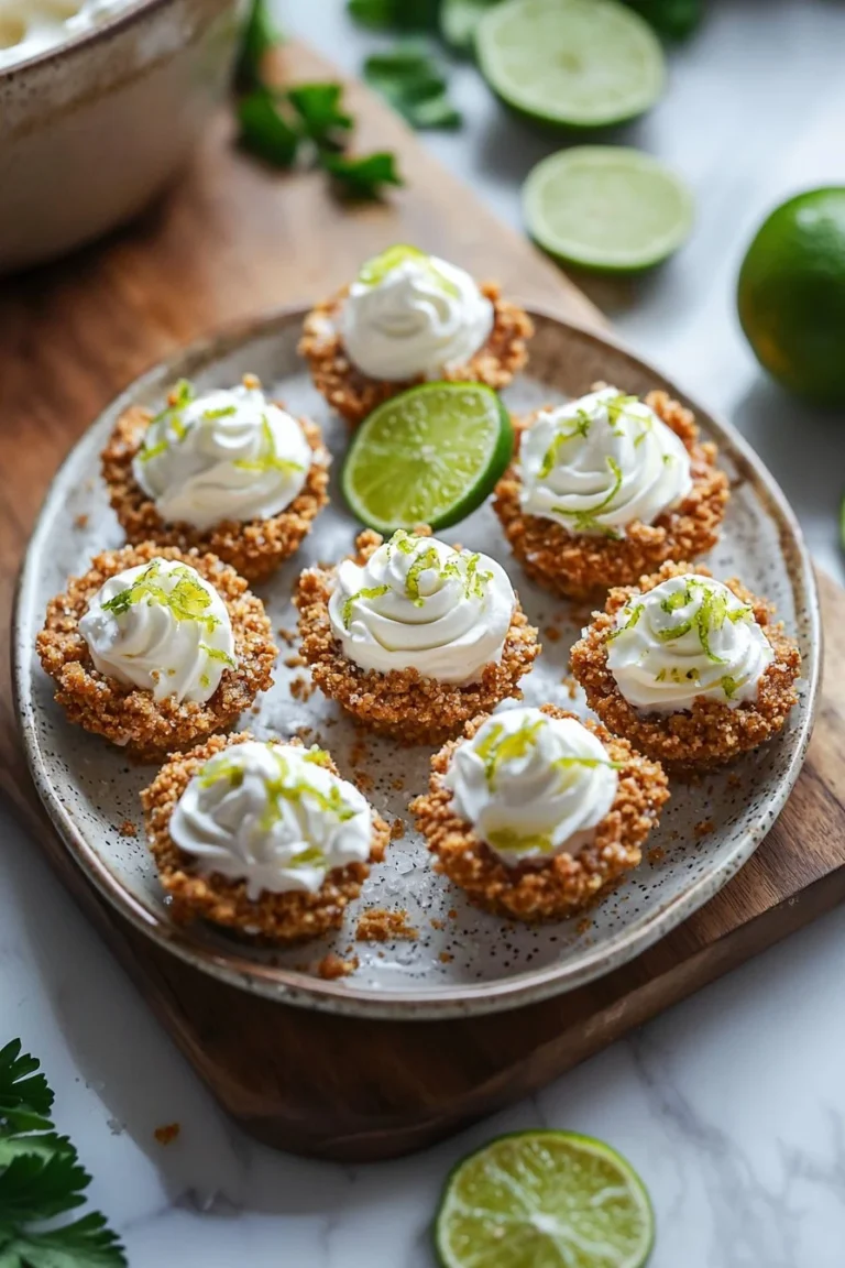 Mini-No-Bake-Key-Lime-Pies auf einem Teller garniert mit Limettenscheiben