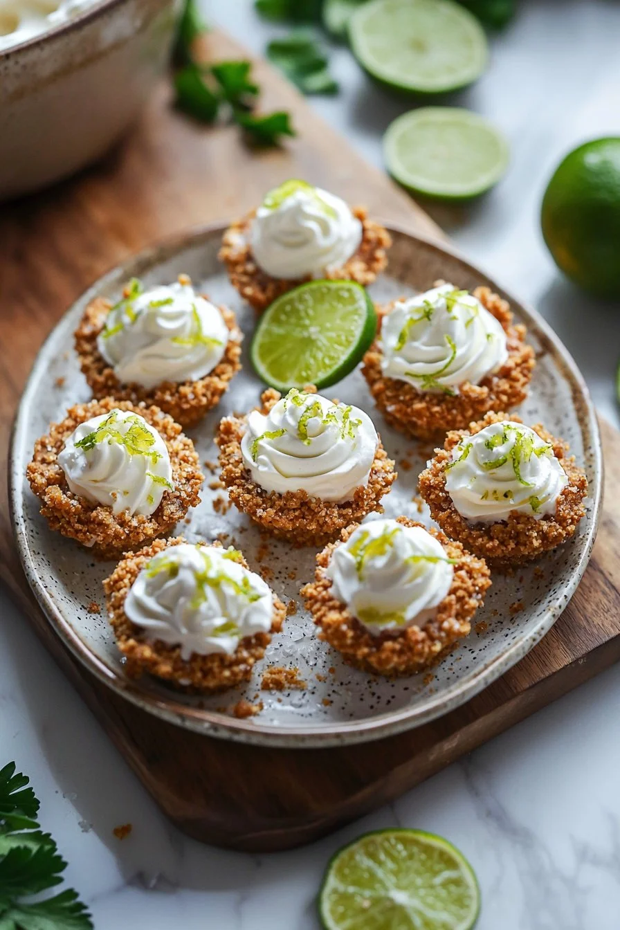 Mini-No-Bake-Key-Lime-Pies auf einem Teller garniert mit Limettenscheiben