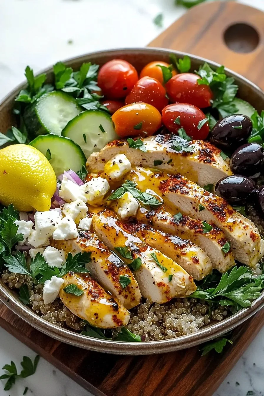 Mittelmeer-Hühnchen-Bowl mit frischen Zutaten und Kräutern