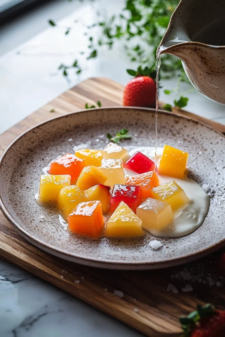 Leckeres Mosaik-Gelee-Dessert in bunten Schichten auf einem Teller