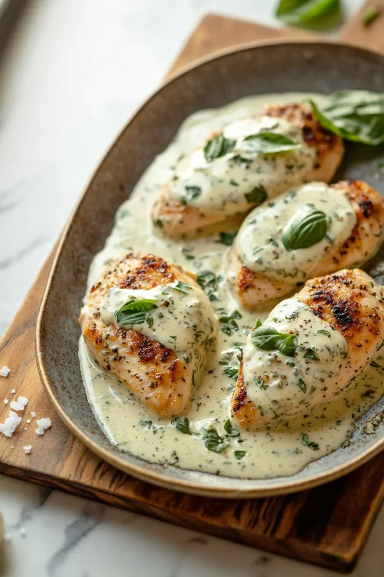 Mozzarella-Hühnchen mit Basilikumrahmsoße auf einem Teller serviert