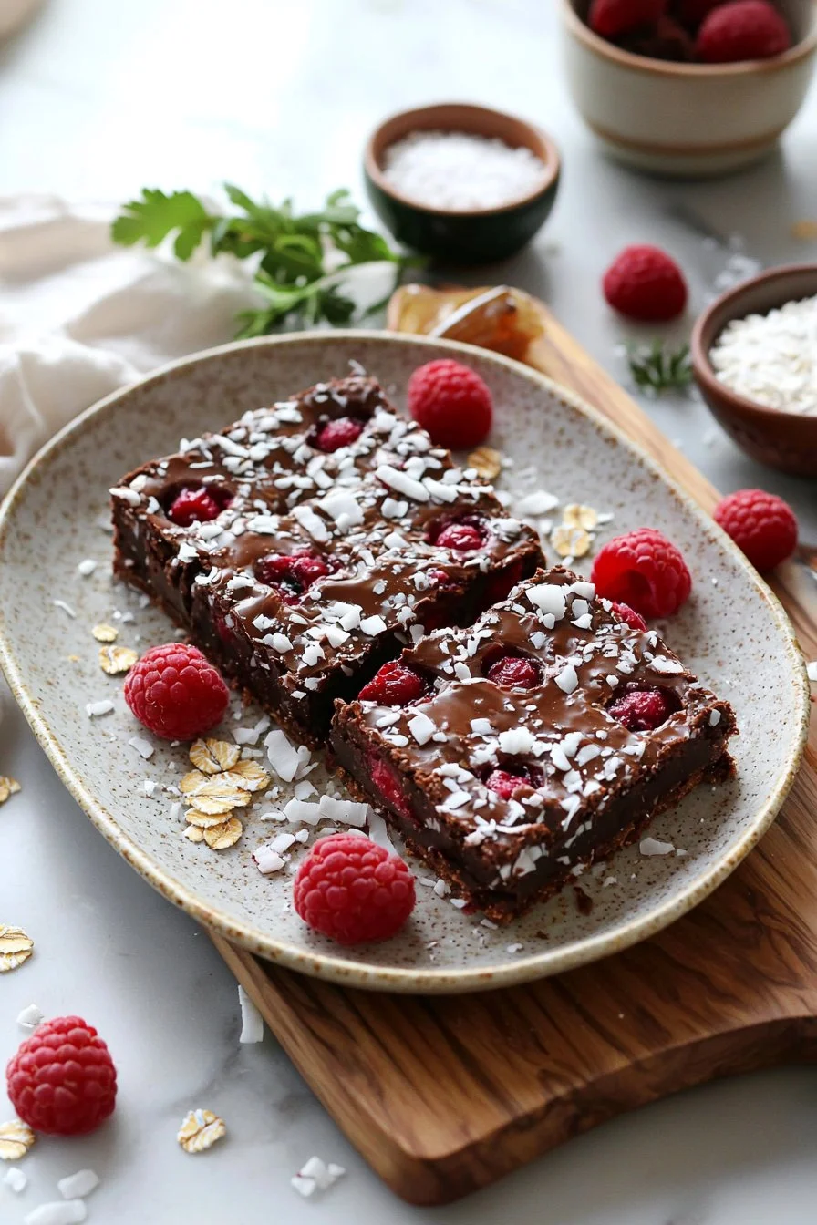 No-Bake Himbeer-Kokos-Brownie-Riegel auf einem Teller angerichtet
