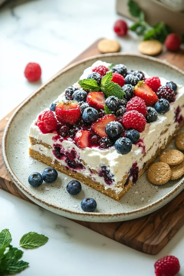 No-Bake Sommerbeeren-Eisbox-Kuchen mit frischen Beeren und Sahne