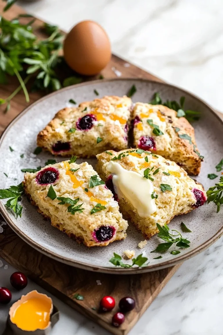 Orangen-Cranberry-Creme-Scones auf einem Teller, frisch gebacken und verführerisch.