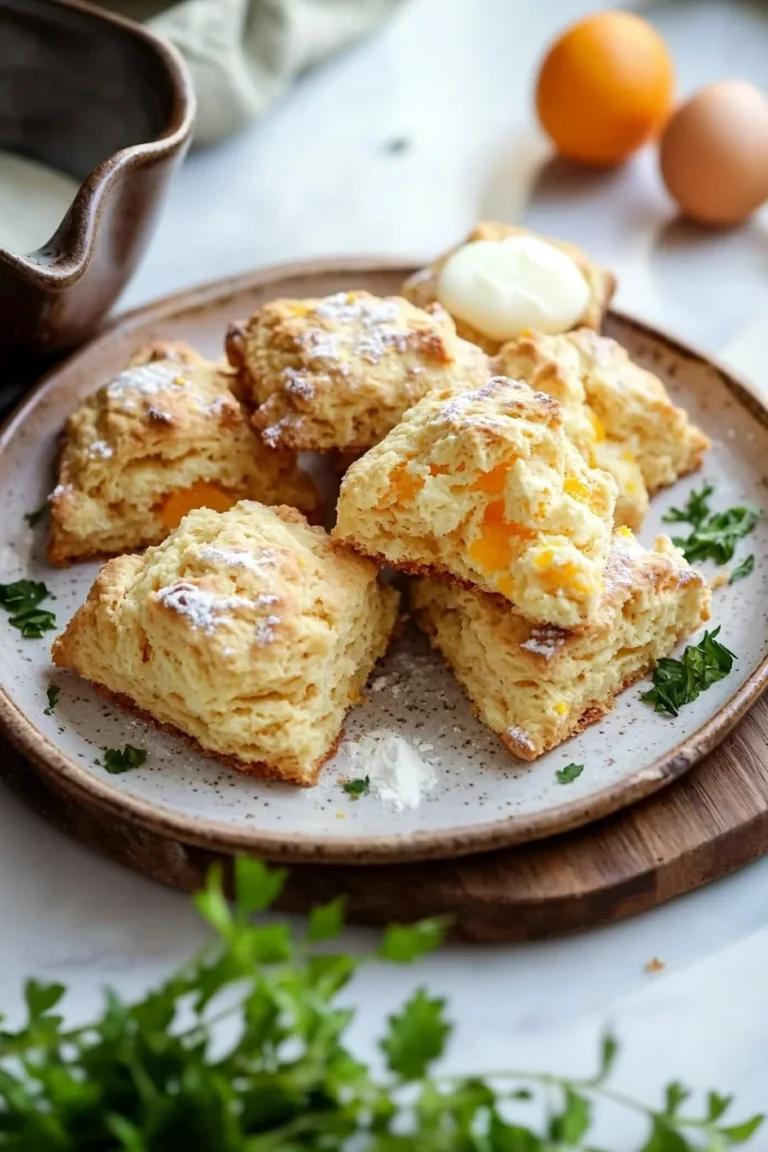Köstliche Orangenscones auf einem Teller mit frischen Orangen.