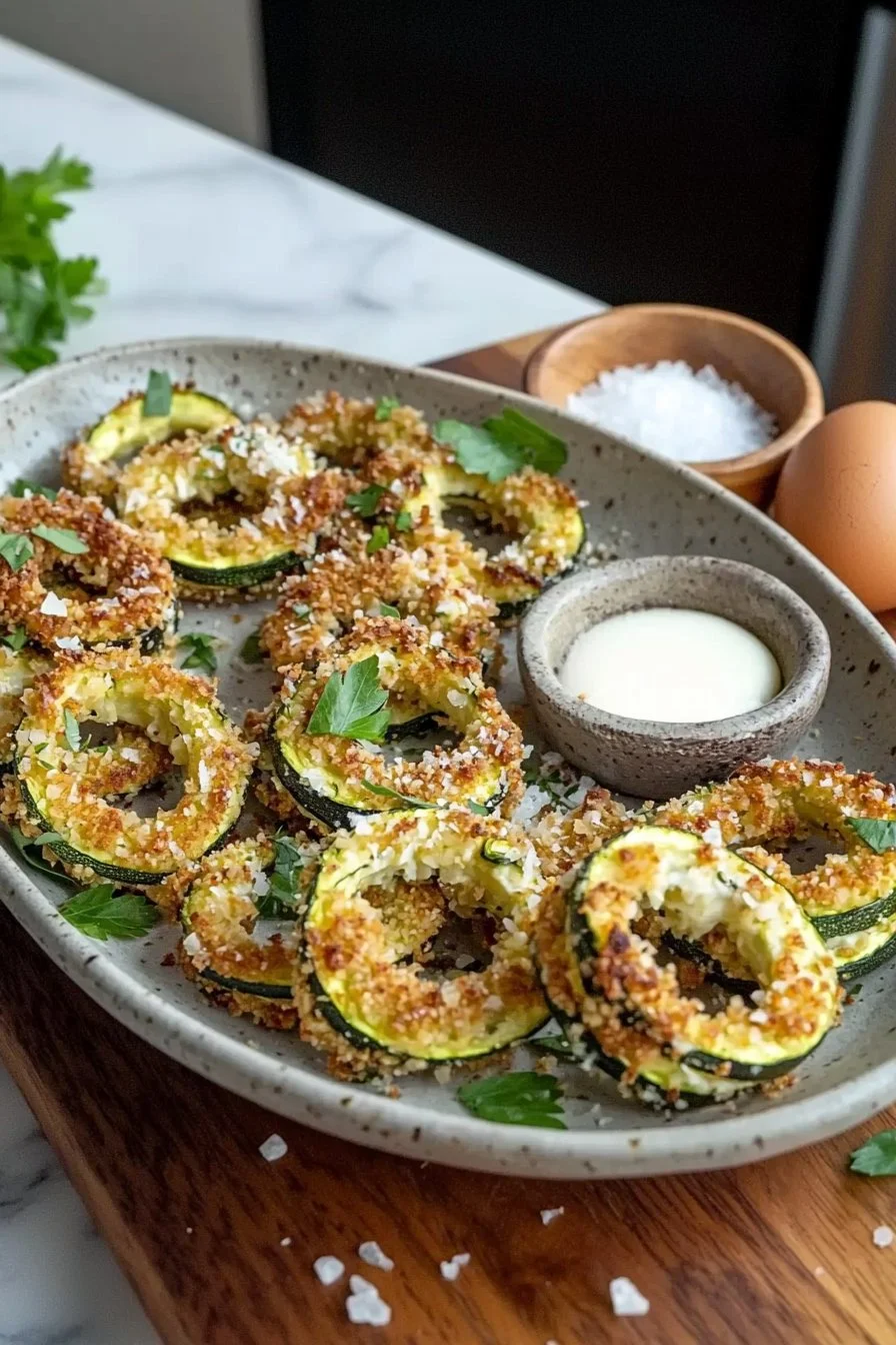 Parmesan-Zucchini-Ringe frisch aus dem Ofen, knusprig und goldbraun.