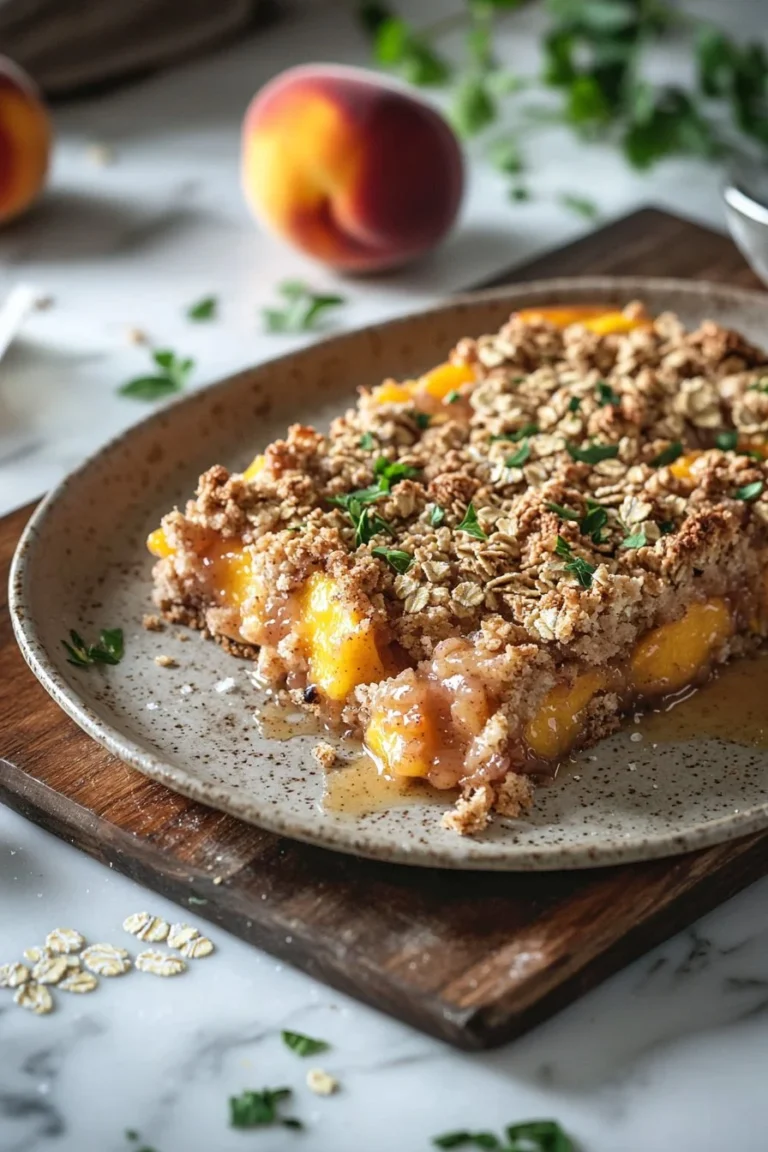 Leckere Pfirsich-Crumble-Riegel mit frischen Pfirsichen und knuspriger Kruste