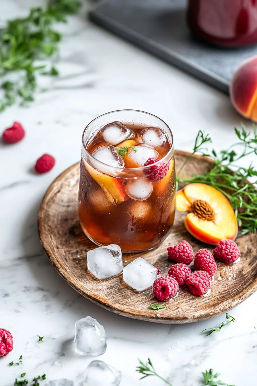 Erfrischender Pfirsich-Himbeer-Eistee in einem schönen Glas mit frischen Früchten.