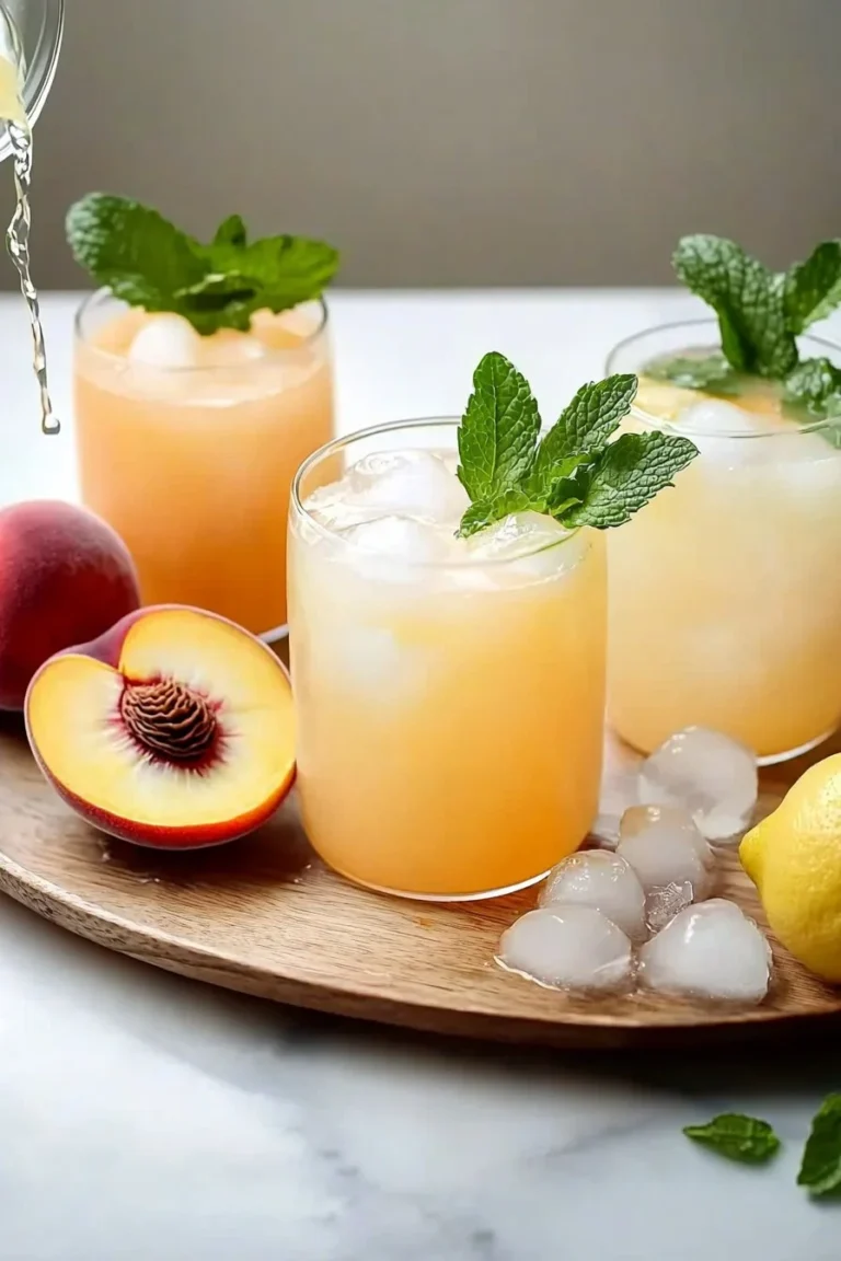 Erfrischende Pfirsich-Limonade in einem Glas mit frischen Pfirsichen und Limetten.
