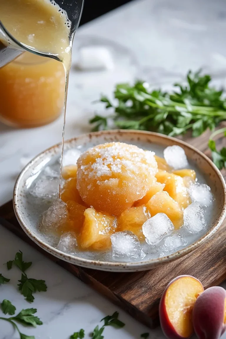Pfirsich-Limonade-Slush in einem Glas mit frischen Pfirsichen