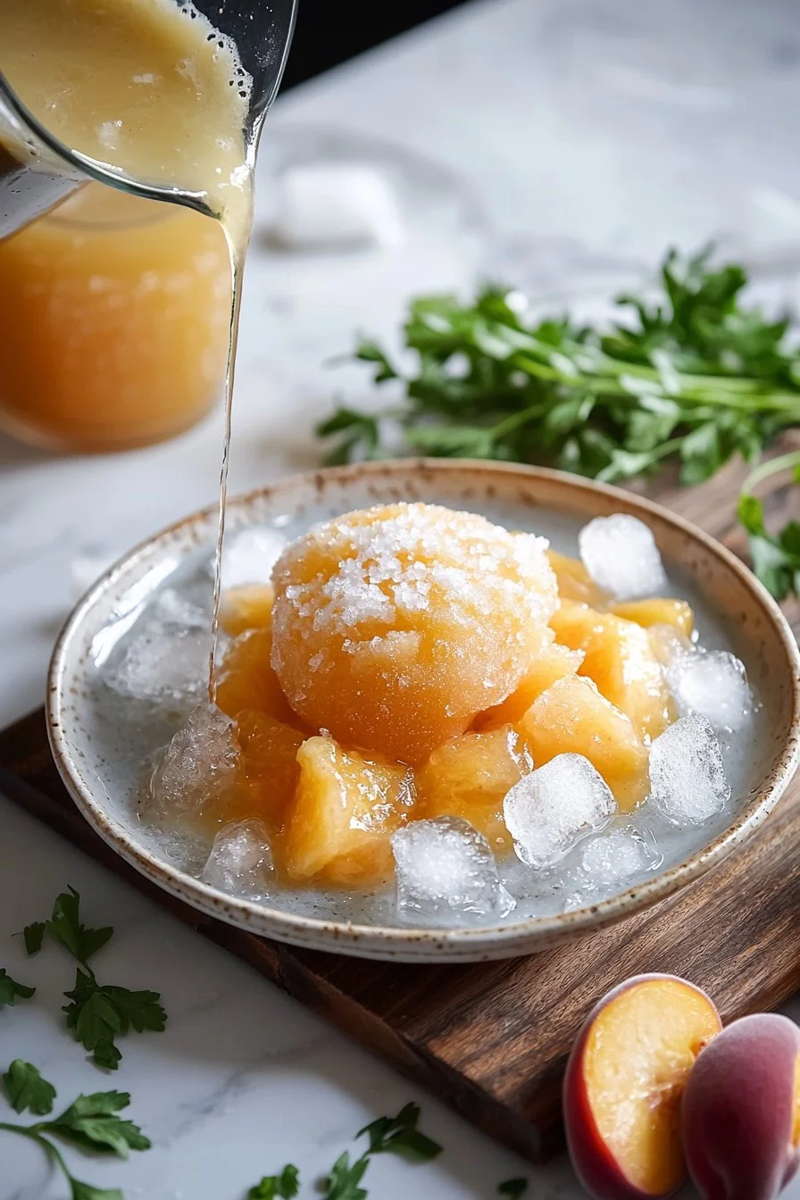 Pfirsich-Limonade-Slush in einem Glas mit frischen Pfirsichen