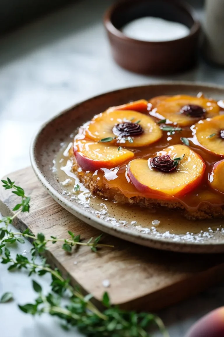 Pfirsich-Umdrehkuchen mit frischen Pfirsichen und goldener Karamellkruste