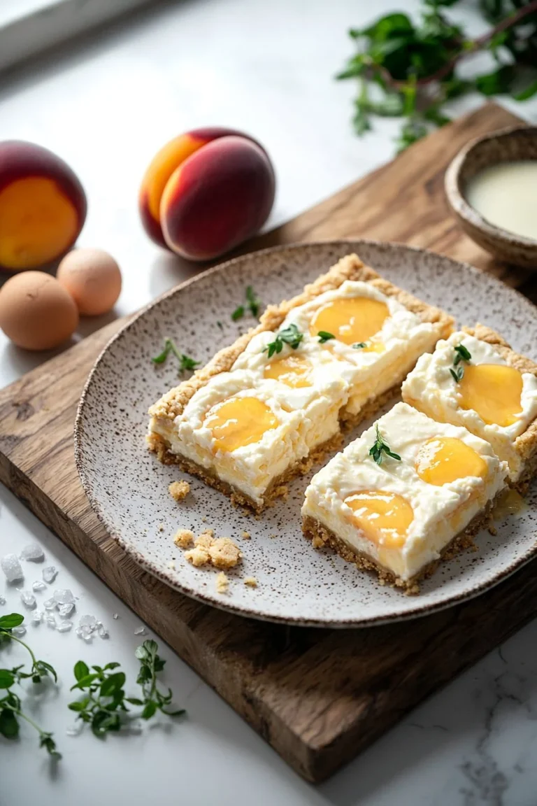 Pfirsich und Sahne Cheesecake Riegel auf einem Teller