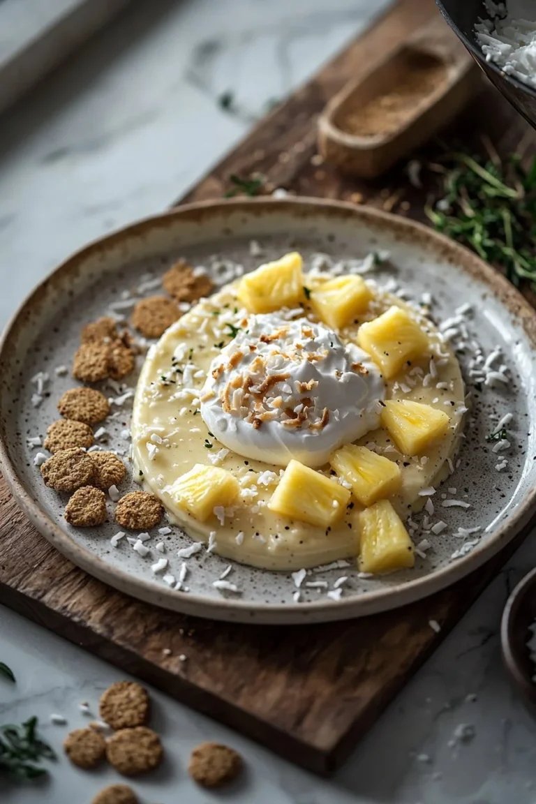 Leckerer Piña Colada Käsekuchen-Mousse mit tropischen Aromen und cremiger Textur