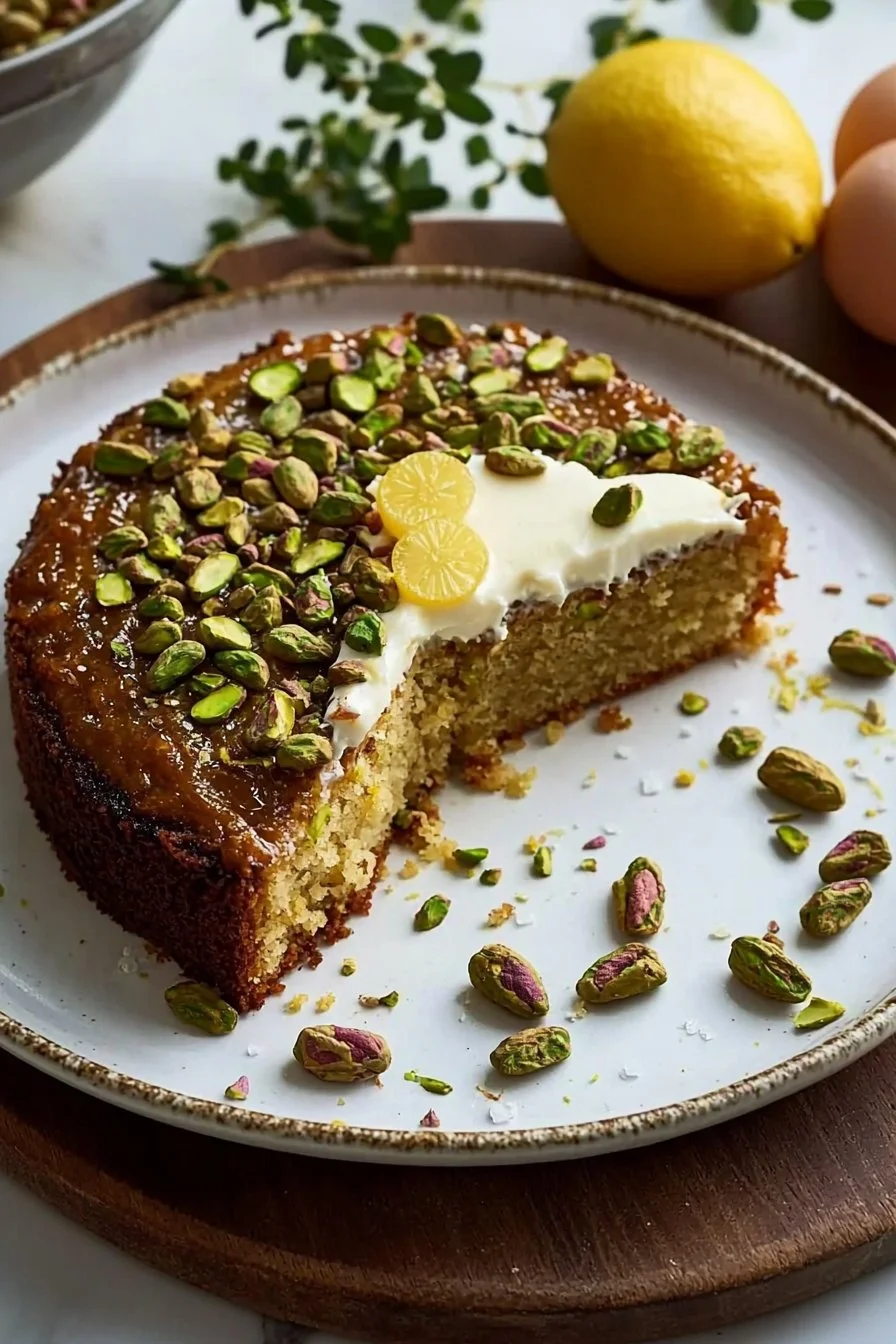 Pistazienkuchen mit Zitrone und Kardamom auf einem gedeckten Tisch